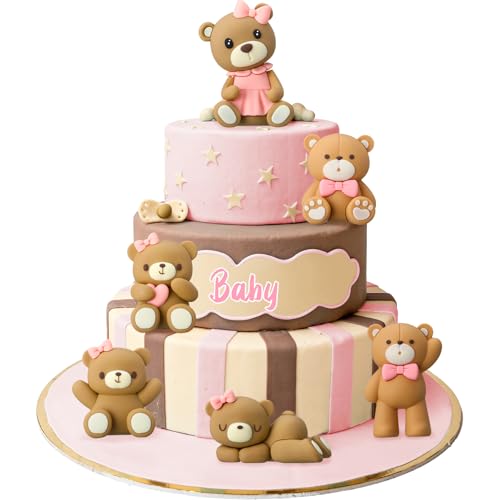Silipull 6 Pcs 3D Bear Cake Toppers Bear Cake Decorations Baby Shower Party Favors Home Ornaments for Baby Shower Birthday Party Cake Supplies Boys Girl GiftsPink - Image 1