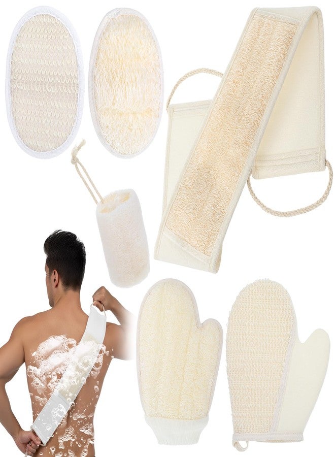 xozeooeu Natural Loofah Sponge Set, 6-Pack Exfoliating Body Scrubber Pads & Back Scrubber & Glove Luffa Sponge Pads, White for Men and Women - Image 1