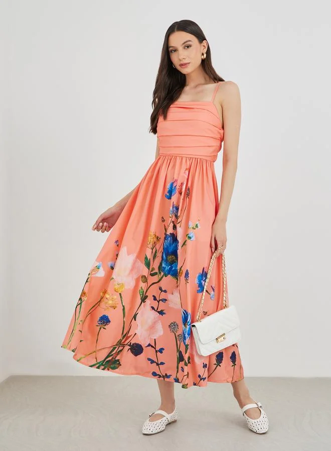 Take Two Take Two Floral Print Pleated Detail Strappy Midi Dress