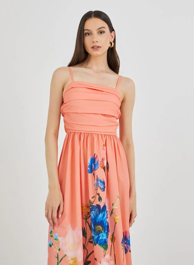 Take Two Take Two Floral Print Pleated Detail Strappy Midi Dress