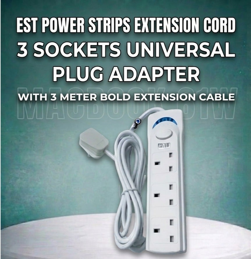 Best Power Strips Extension Cord | 3 Sockets Universal Plug Adapter with 3 Meter Bold Extension Cable | Power Socket | Extension Board | Extension Cable | Extension Socket (White) 3 Meter