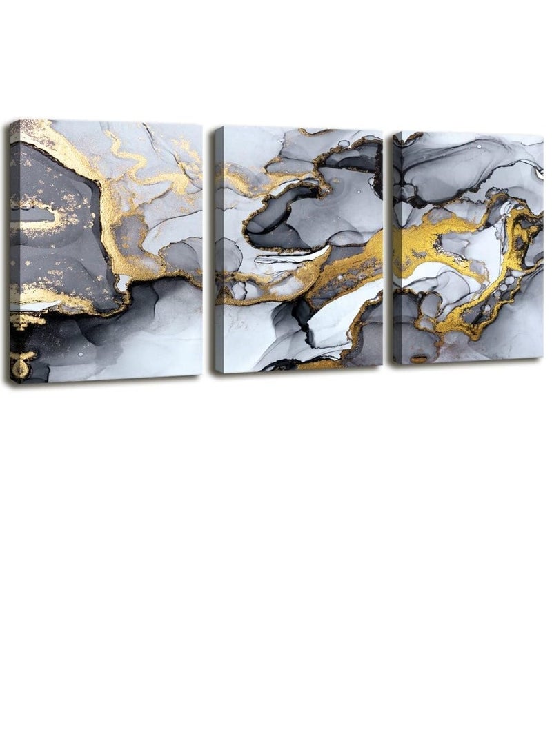 Today Idea Today Idea Modern Gold Fluid Ink | Black and White Grey Canvas Print | Framed Set of 3-Piece | Ideal for Living Room, Bedroom, Kitchen, or Office Décor (Abstract Watercolor, 16x24 inch) - Image 1