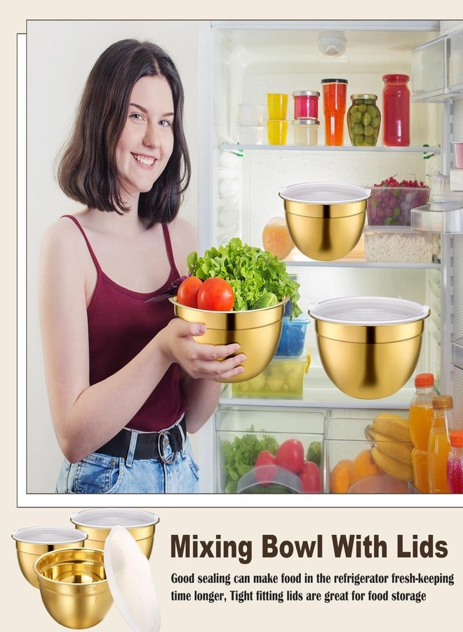 Baderke طقم أدوات مطبخ بادركي الذهبي المكون من 6 قطع يتضمن 3 أوعية خلط ذهبية مع أغطية محكمة الإغلاق، ومصفاة من الفولاذ المقاوم للصدأ، ومبشرة، ومقطعة، ومصفاة شبكية دقيقة (أوعية الخلط: 2.8/3.7/5 كوارت، المصفاة: 4 كوارت). - Image 5