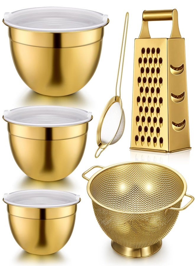 Baderke طقم أدوات مطبخ بادركي الذهبي المكون من 6 قطع يتضمن 3 أوعية خلط ذهبية مع أغطية محكمة الإغلاق، ومصفاة من الفولاذ المقاوم للصدأ، ومبشرة، ومقطعة، ومصفاة شبكية دقيقة (أوعية الخلط: 2.8/3.7/5 كوارت، المصفاة: 4 كوارت). - Image 1