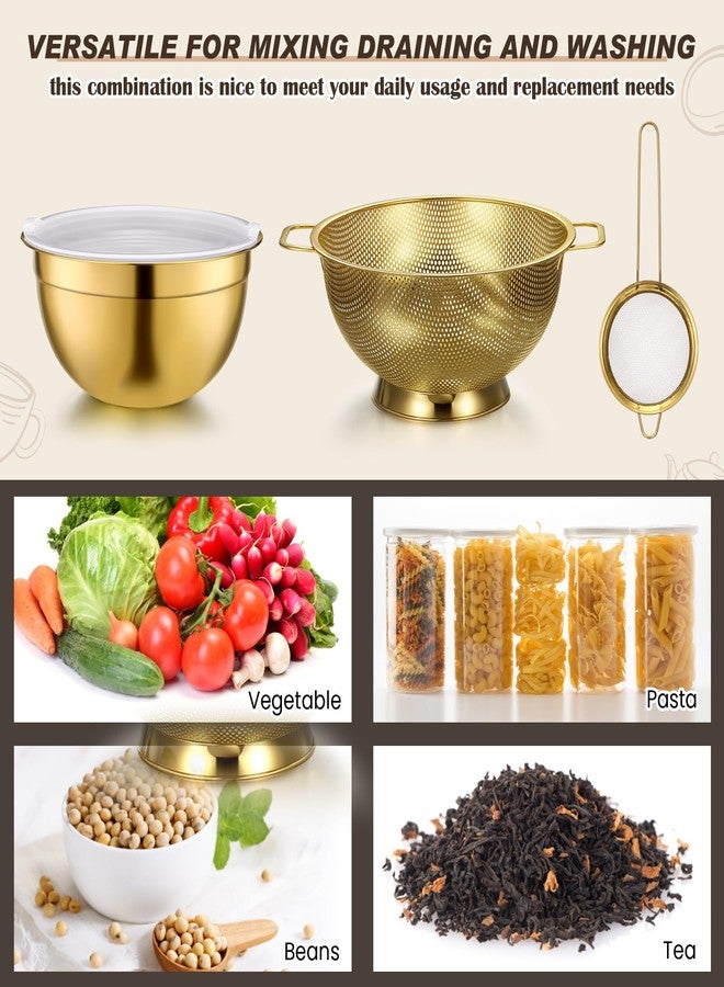 Baderke طقم أدوات مطبخ بادركي الذهبي المكون من 6 قطع يتضمن 3 أوعية خلط ذهبية مع أغطية محكمة الإغلاق، ومصفاة من الفولاذ المقاوم للصدأ، ومبشرة، ومقطعة، ومصفاة شبكية دقيقة (أوعية الخلط: 2.8/3.7/5 كوارت، المصفاة: 4 كوارت). - Image 3