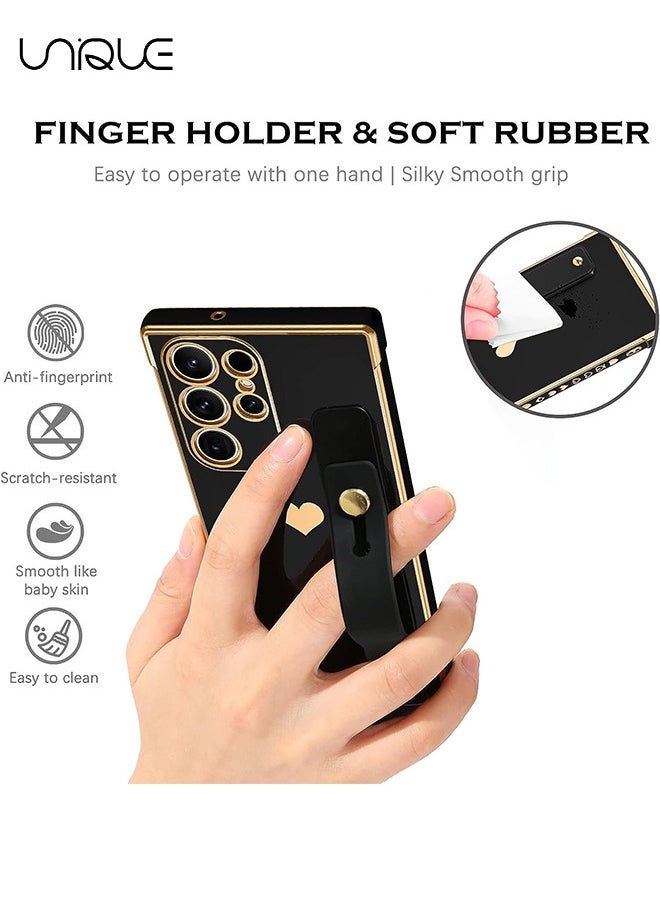 Unique Compatible Samsung Galaxy S24 Ultra 5G Enclosure with Finger Strap Luxury Cute Heart Electroplating Phone Case Full Body Protection Stand Cover for Galaxy S24 Ultra 5G Female Girl - Black  - Image 4