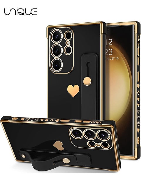 Compatible Samsung Galaxy S24 Ultra 5G Enclosure with Finger Strap Luxury Cute Heart Electroplating Phone Case Full Body Protection Stand Cover for Galaxy S24 Ultra 5G Female Girl - Black