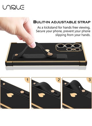 Compatible Samsung Galaxy S24 Ultra 5G Enclosure with Finger Strap Luxury Cute Heart Electroplating Phone Case Full Body Protection Stand Cover for Galaxy S24 Ultra 5G Female Girl - Black - view 2