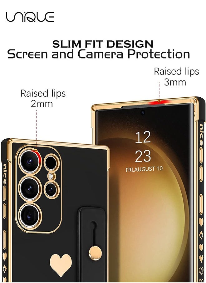 Unique Compatible Samsung Galaxy S24 Ultra 5G Enclosure with Finger Strap Luxury Cute Heart Electroplating Phone Case Full Body Protection Stand Cover for Galaxy S24 Ultra 5G Female Girl - Black  - Image 3