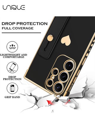 Compatible Samsung Galaxy S24 Ultra 5G Enclosure with Finger Strap Luxury Cute Heart Electroplating Phone Case Full Body Protection Stand Cover for Galaxy S24 Ultra 5G Female Girl - Black - view 5