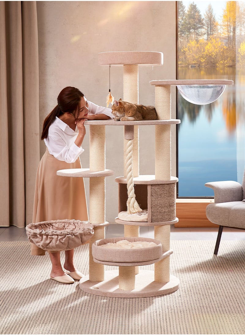 SOPAPETS - SOPAPETS High-End Extra Large Cat Tree Tower, Premium Rubber Wood Made, Scratching Posts, Cat Condo, Removable Soft Cushion Bed, Cat Nest, Super Stable (150x70x165cm) - Image 1