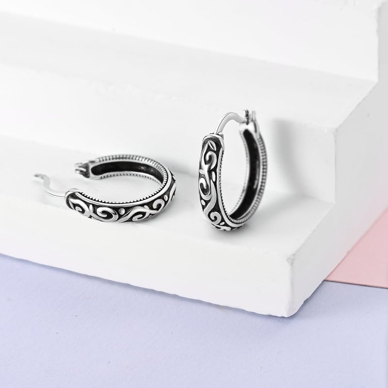 Hapour Vintage Filigree 925 Sterling Silver Oval Small Hoop Earrings for Women Fashion Flower Dainty Huggie Hoops Hypoallergenic Trendy Jewelry Birthday Gift for Her (Black) - Image 3