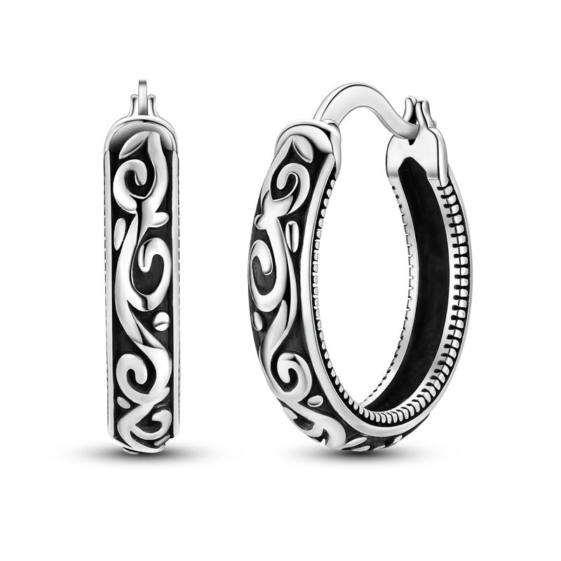 Hapour Vintage Filigree 925 Sterling Silver Oval Small Hoop Earrings for Women Fashion Flower Dainty Huggie Hoops Hypoallergenic Trendy Jewelry Birthday Gift for Her (Black) - Image 1