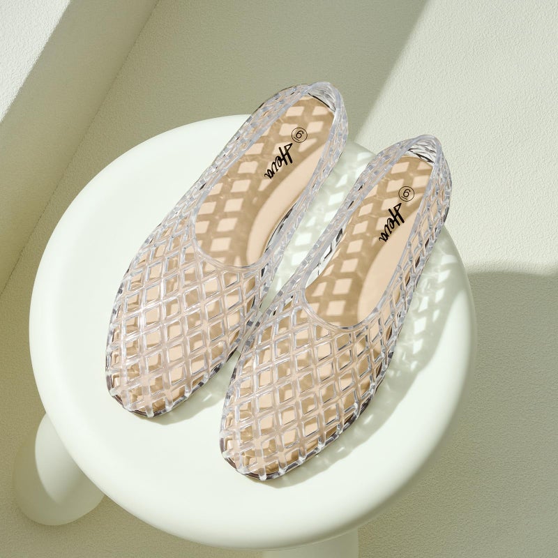 HEVA Women's Jelly Mesh Flats Breathable Clear Hollow Shoes Summer Beach Jellies Ballet Sandals(7 M US Transparent) - Image 2