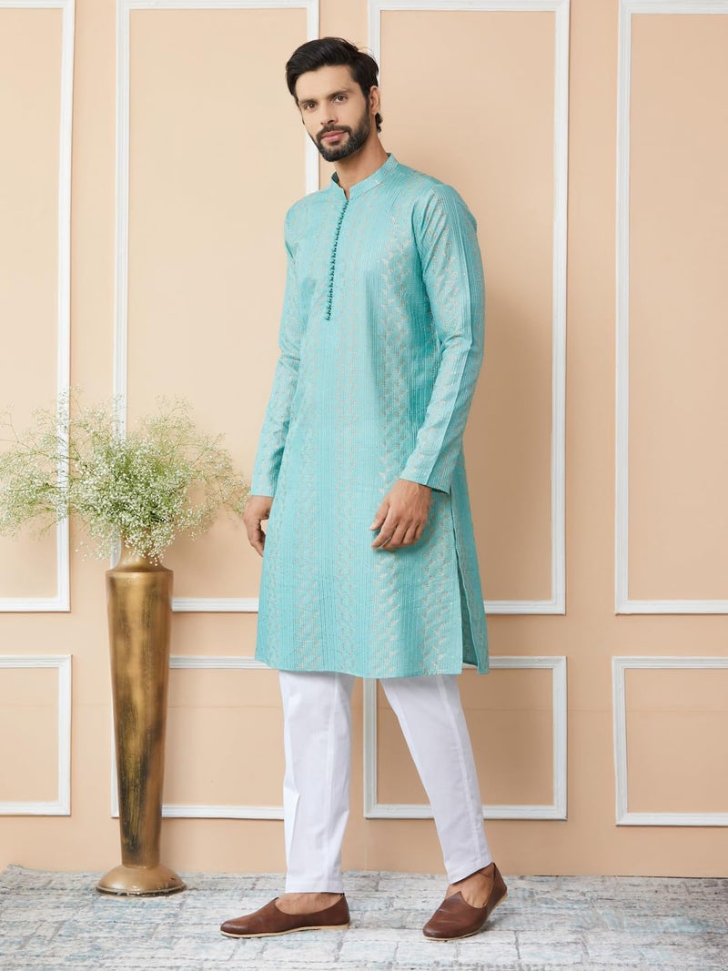 See Designs Men's Long Sleeve Mandarin Collar Side Slit Ice Green Embroidered Thread Work Sequinned Chanderi Silk Straight Kurta - SDKT2516S - Image 2