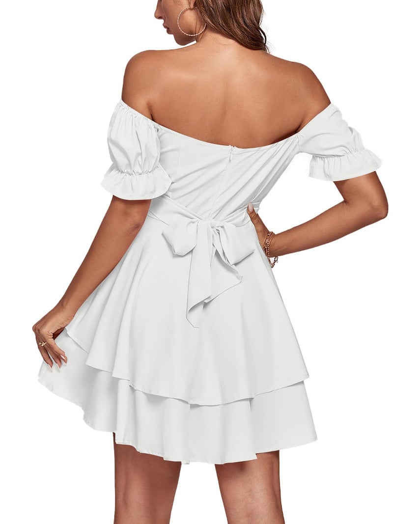 LYANER Women's Off Shoulder Tie Back Wrap Layer Ruffle Short Sleeve Mini Dress Solid White Medium - Image 2
