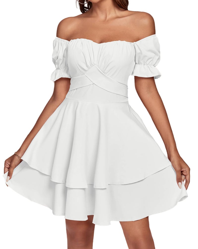 LYANER Women's Off Shoulder Tie Back Wrap Layer Ruffle Short Sleeve Mini Dress Solid White Medium - Image 5