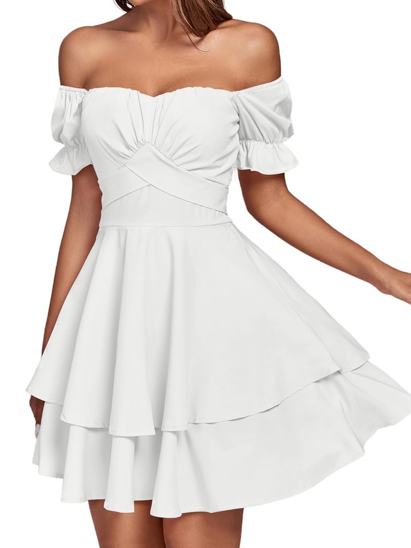 LYANER Women's Off Shoulder Tie Back Wrap Layer Ruffle Short Sleeve Mini Dress Solid White Medium - Image 3