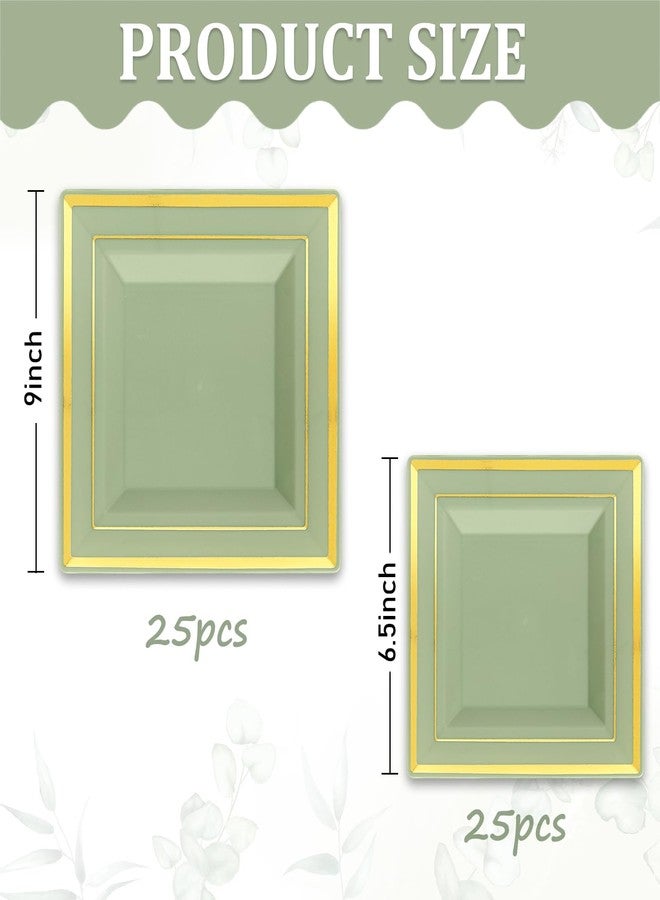 Whaline 50Pcs Sage Green Plastic Plate Gold Foil Bordered Disposable Plate Square Decorative Dinner Dessert Plates for Wedding Party Supplies Table Decor, 9 in & 6.5 in - Image 2
