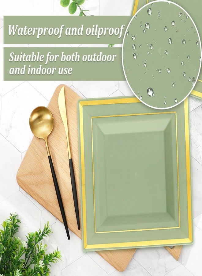 Whaline 50Pcs Sage Green Plastic Plate Gold Foil Bordered Disposable Plate Square Decorative Dinner Dessert Plates for Wedding Party Supplies Table Decor, 9 in & 6.5 in - Image 3