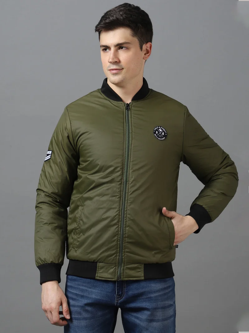 Urbano Fashion Men's Green Full Sleeve Zippered Bomber Jacket