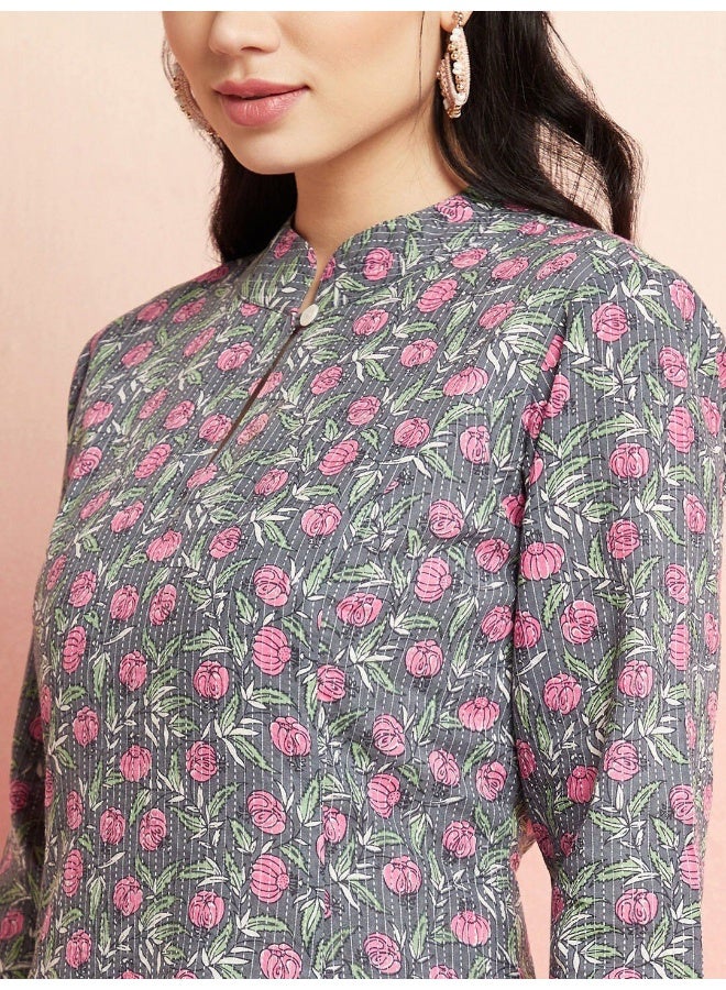 AKS Grey Floral Print A-Line Kurta  - Image 2