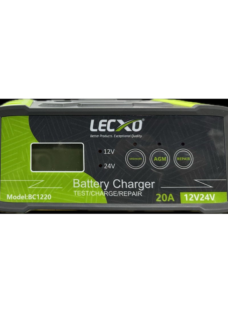 Lecxo 12V/24V 20A LECXO Battery Charger Intelligent Pulse Repair Type Charger with Digital Display for Car and  Motorcycle Battery