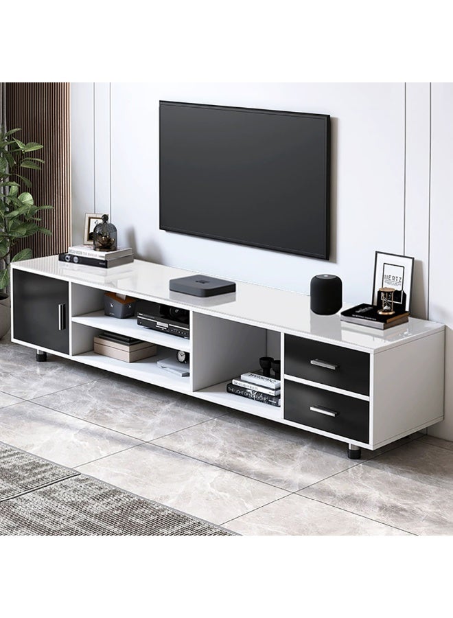 Generic Modern TV Cabinet, 55in Glass Countertop TV Table with Drawers and Open Shelf, Wooden TV Entertainment Center Console Table, TV Stand Unit for Living Room Bedroom, DSG015-140 (White) - Image 1