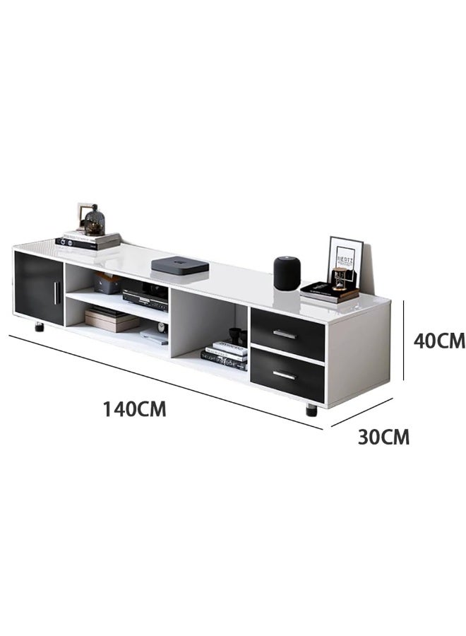 Generic Modern TV Cabinet, 55in Glass Countertop TV Table with Drawers and Open Shelf, Wooden TV Entertainment Center Console Table, TV Stand Unit for Living Room Bedroom, DSG015-140 (White) - Image 2