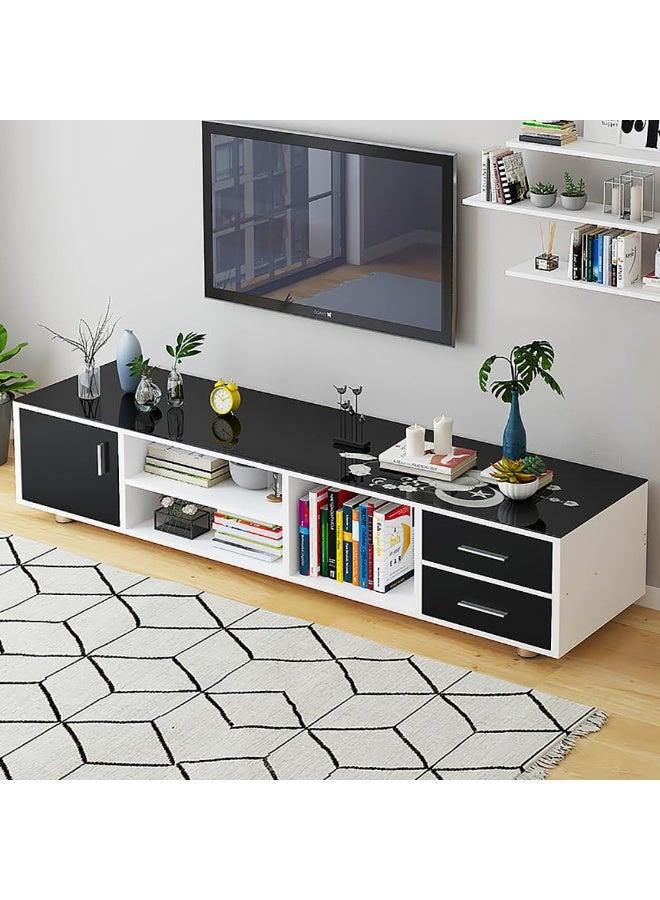 Generic Modern TV Cabinet, 55in Glass Countertop TV Table with Drawers and Open Shelf, Wooden TV Entertainment Center Console Table, TV Stand Unit for Living Room Bedroom, DSG015-140 (White) - Image 3