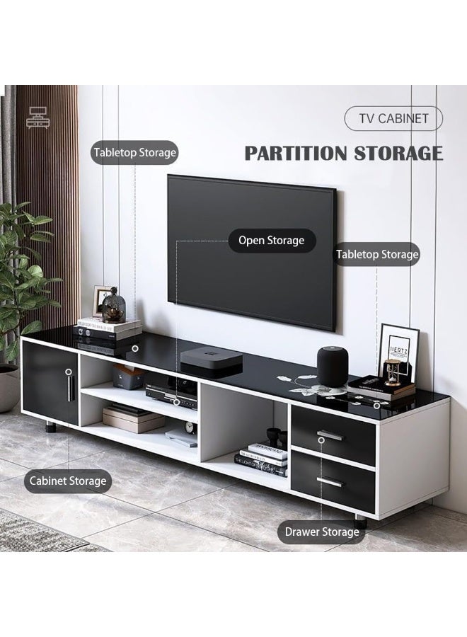 Generic Modern TV Cabinet, 55in Glass Countertop TV Table with Drawers and Open Shelf, Wooden TV Entertainment Center Console Table, TV Stand Unit for Living Room Bedroom, DSG015-140 (White) - Image 4