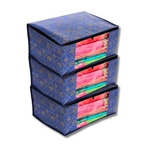 BB BACKBENCHERS Satiya Non- Woven Saree Cover With Transparent Window| Zip Closure | Clothes Storage Bag | Wardrobe Organiser | Transparent Window Set Of 3 (Blue) - Image 1