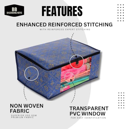 BB BACKBENCHERS Satiya Non- Woven Saree Cover With Transparent Window| Zip Closure | Clothes Storage Bag | Wardrobe Organiser | Transparent Window Set Of 3 (Blue) - Image 3