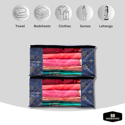 BB BACKBENCHERS Satiya Non- Woven Saree Cover With Transparent Window| Zip Closure | Clothes Storage Bag | Wardrobe Organiser | Transparent Window Set Of 3 (Blue) - Image 2