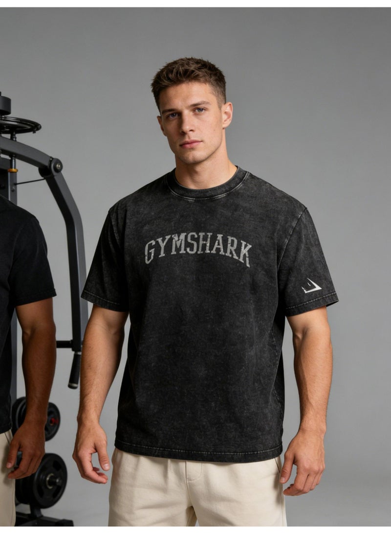 جيمشارك Gymshark فضفاضة عارضة تي شيرت الرجعية غسلت القطن نسيج ناعم الرياضة الجوكر الرجال والنساء مع نفس الفقرة. - Image 4