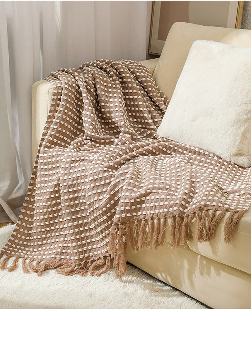 Loquat Tassel Design Knitted Jacquard Weave Soft Throw Blanket Khaki  - Image 1
