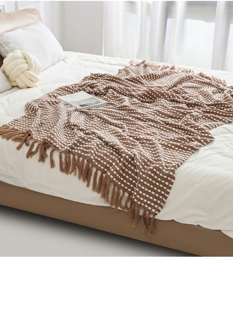Loquat Tassel Design Knitted Jacquard Weave Soft Throw Blanket Khaki  - Image 2