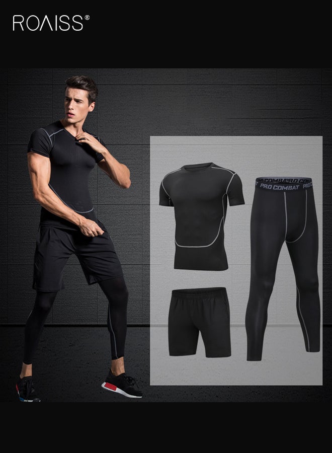 roaiss Mens Workout Sets 3 Piece Gym Training Suit Quick Dry Compression Shirt Athletic Running Clothes Fitness Apparel for Men Sports Outfit - Image 1