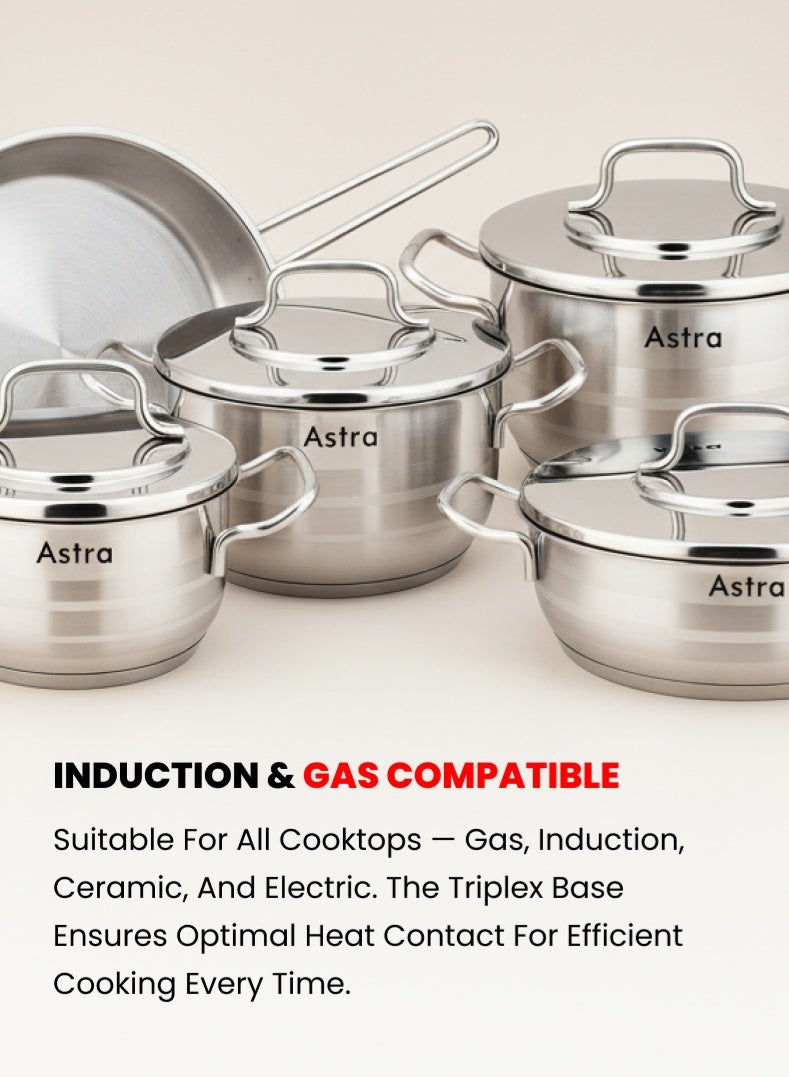 Astra طقم أواني الطهي الفاخرة 9 قطع | من الفولاذ المقاوم للصدأ عالي الجودة 18/10 Cr-Ni | يتضمن 3 قدرات عميقة (أحجام متنوعة)، 1 قدر منخفض، 1 مقلاة مع أغطية متطابقة | متين، مقاوم للخدوش وسهل التنظيف | متوافق مع المواقد الكهربائية والغازية والحثية | طقم أواني مطبخ آمن في غسالة الصحون - Image 5