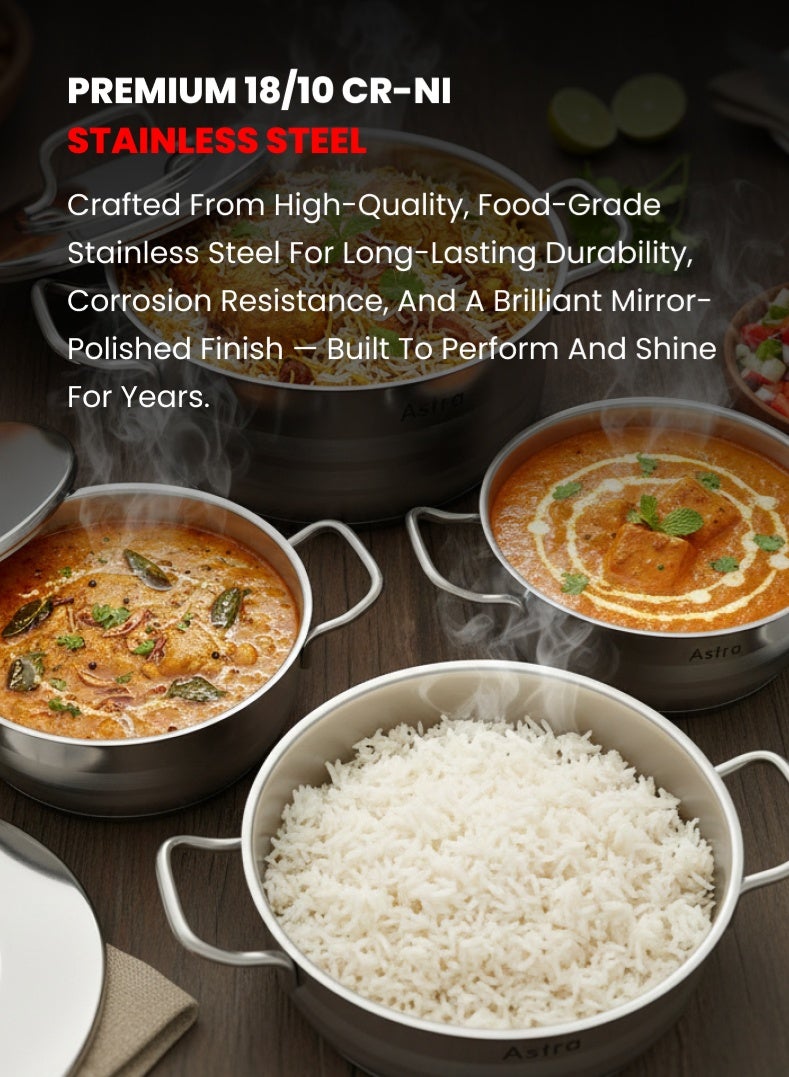 Astra طقم أواني الطهي الفاخرة 9 قطع | من الفولاذ المقاوم للصدأ عالي الجودة 18/10 Cr-Ni | يتضمن 3 قدرات عميقة (أحجام متنوعة)، 1 قدر منخفض، 1 مقلاة مع أغطية متطابقة | متين، مقاوم للخدوش وسهل التنظيف | متوافق مع المواقد الكهربائية والغازية والحثية | طقم أواني مطبخ آمن في غسالة الصحون - Image 2