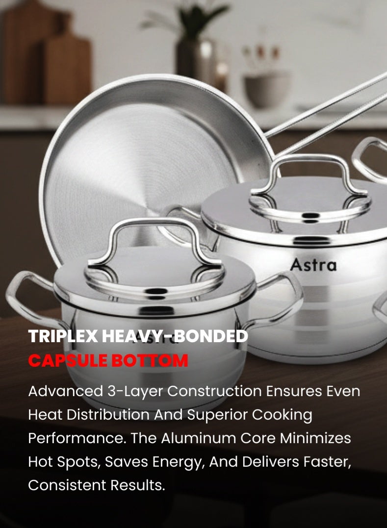 Astra طقم أواني الطهي الفاخرة 9 قطع | من الفولاذ المقاوم للصدأ عالي الجودة 18/10 Cr-Ni | يتضمن 3 قدرات عميقة (أحجام متنوعة)، 1 قدر منخفض، 1 مقلاة مع أغطية متطابقة | متين، مقاوم للخدوش وسهل التنظيف | متوافق مع المواقد الكهربائية والغازية والحثية | طقم أواني مطبخ آمن في غسالة الصحون - Image 3
