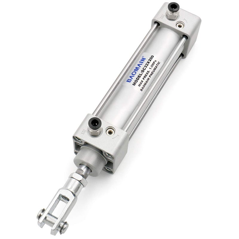 Baomain Pneumatic Air Cylinder SC 32 x 200 PT 1/8, Bore: 1 1/4 inch(32mm), Stroke: 8 inch(200mm), Single Thread Piston Rod Dual Action, a Y-Component & 2Fittings - Image 1