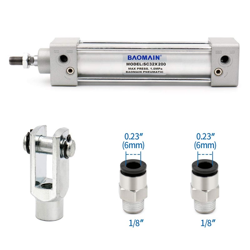 Baomain Pneumatic Air Cylinder SC 32 x 200 PT 1/8, Bore: 1 1/4 inch(32mm), Stroke: 8 inch(200mm), Single Thread Piston Rod Dual Action, a Y-Component & 2Fittings - Image 3