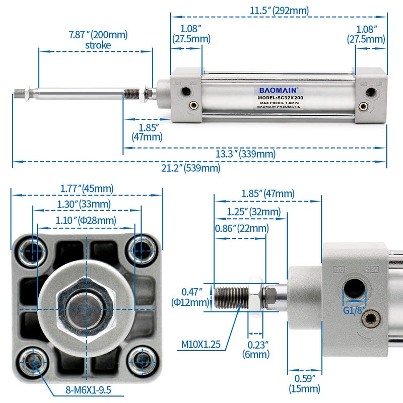 Baomain Pneumatic Air Cylinder SC 32 x 200 PT 1/8, Bore: 1 1/4 inch(32mm), Stroke: 8 inch(200mm), Single Thread Piston Rod Dual Action, a Y-Component & 2Fittings - Image 4