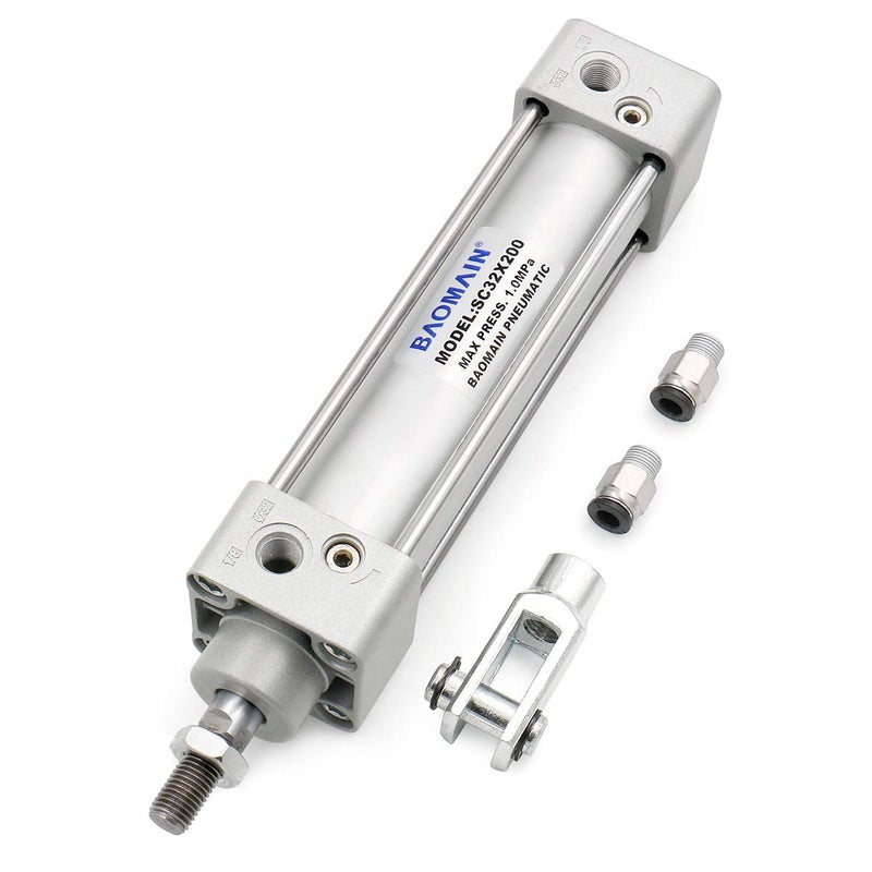 Baomain Pneumatic Air Cylinder SC 32 x 200 PT 1/8, Bore: 1 1/4 inch(32mm), Stroke: 8 inch(200mm), Single Thread Piston Rod Dual Action, a Y-Component & 2Fittings - Image 2