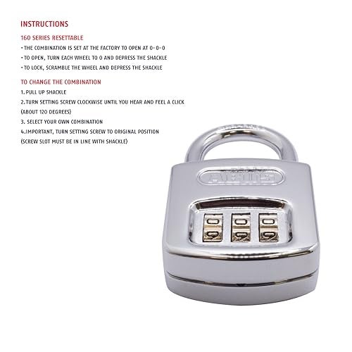 Abus 160/40 C 160 All Weather Resettable Chrome Combination Padlock, 3 Dial - Image 4