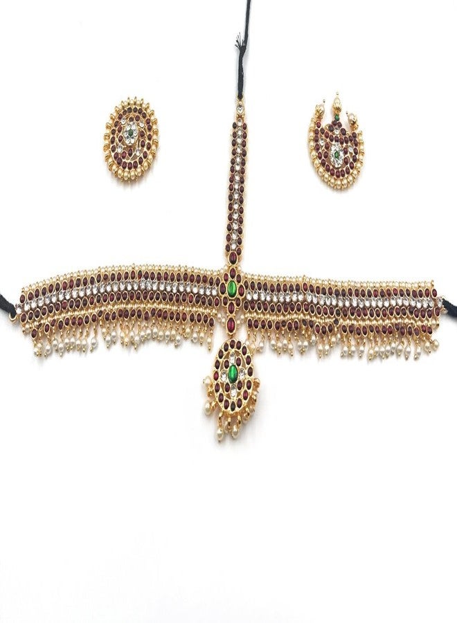NATYAM Traditional Dance Jewellery Set for Bharatanatyam & Kuchipudi | Temple Jewelry for Indian Classical Dancers | Maang Tikka, Earrings, Necklace, Belt, Bangles - Full Costume Accessory Set. - Image 2