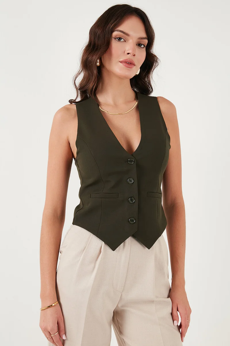 ليلا Fitted Fit Buttoned V Neck Buttoned Vest Women's Vest 6696796