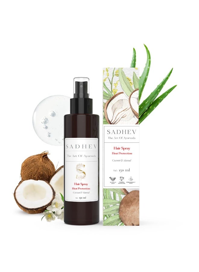 Sadhev Ayurvedic Heat Protection Hair Spray | Shields from Heat Damage | Enriched with Coconut & Almond | Prevents Breakage & Frizz | For All Hair Types (150ml) - Image 1