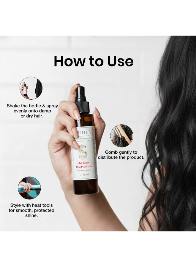 Sadhev Ayurvedic Heat Protection Hair Spray | Shields from Heat Damage | Enriched with Coconut & Almond | Prevents Breakage & Frizz | For All Hair Types (150ml) - Image 4